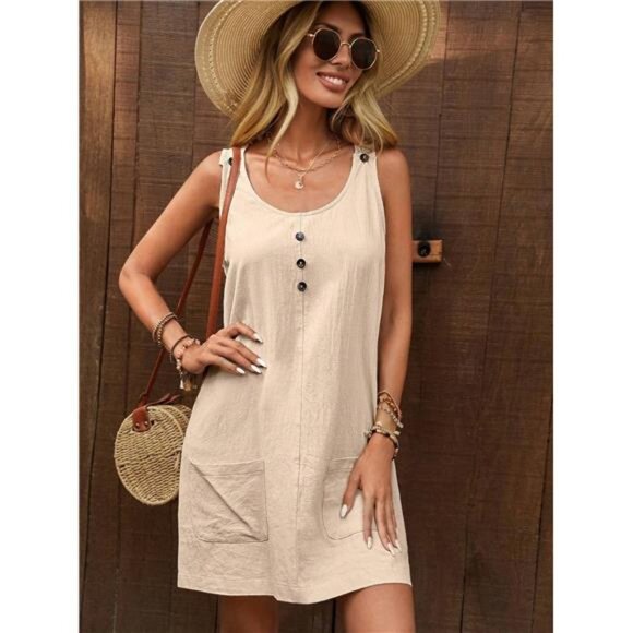 Decor Button Mini Tank Dress with Pockets - Picture 1 of 15